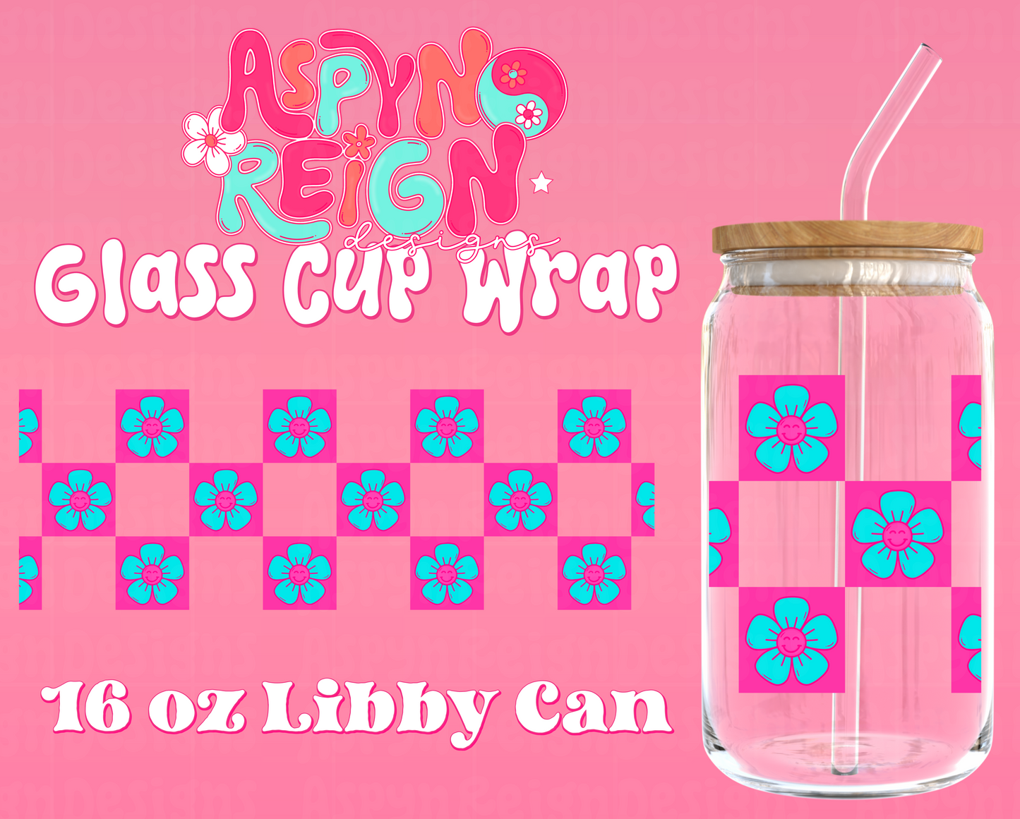 Checkered Groovy Flowers | 16 oz Libbey Cup Wrap PNG