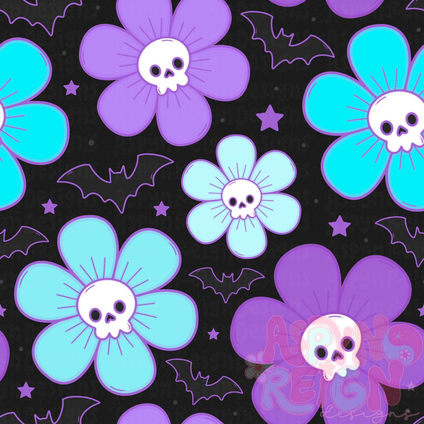 Blue & Purple Skeleton Flowers | Black BG