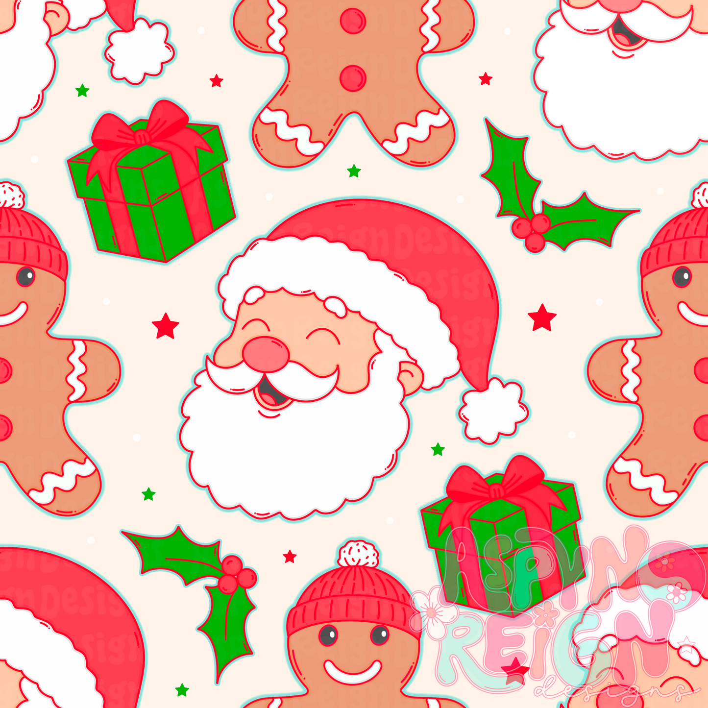 Santa & Gingerbreads | Beige Background