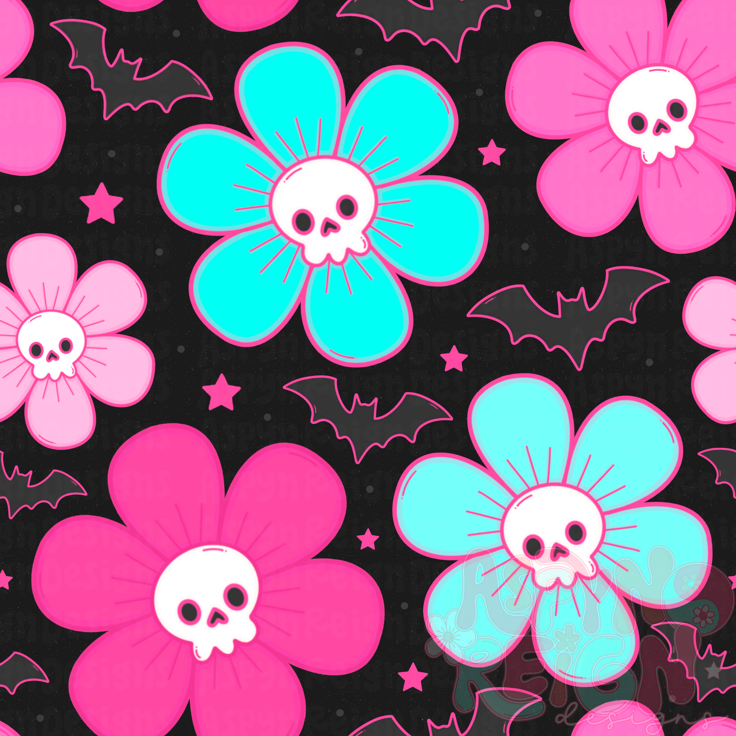Blue & Pink Skeleton Flowers | Black BG