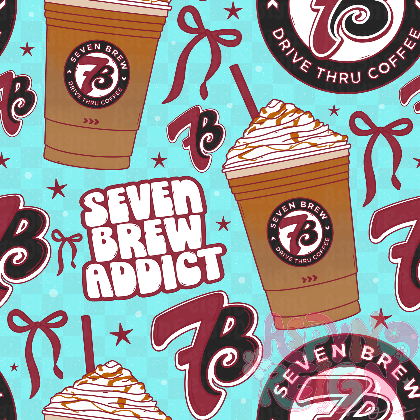7B Coffee | Blue Checkered Background
