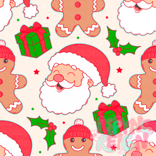 Santa & Gingerbreads | Beige Background