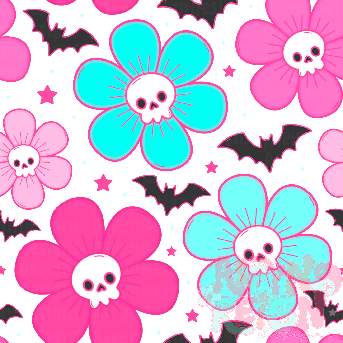 Blue & Pink Skeleton Flowers | Beige BG