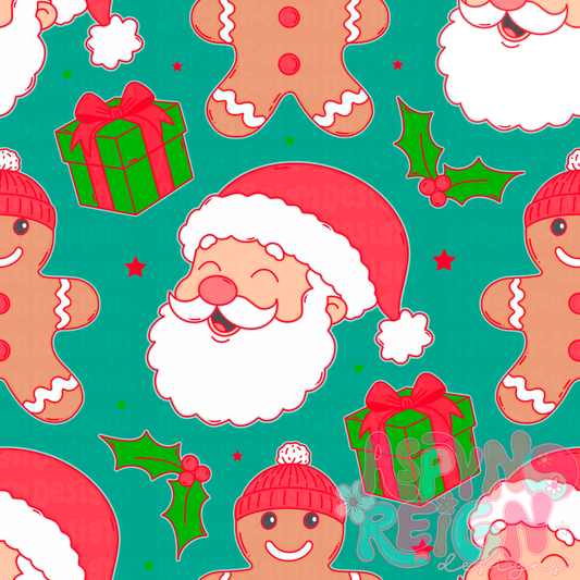 Santa & Gingerbreads | Teal Background