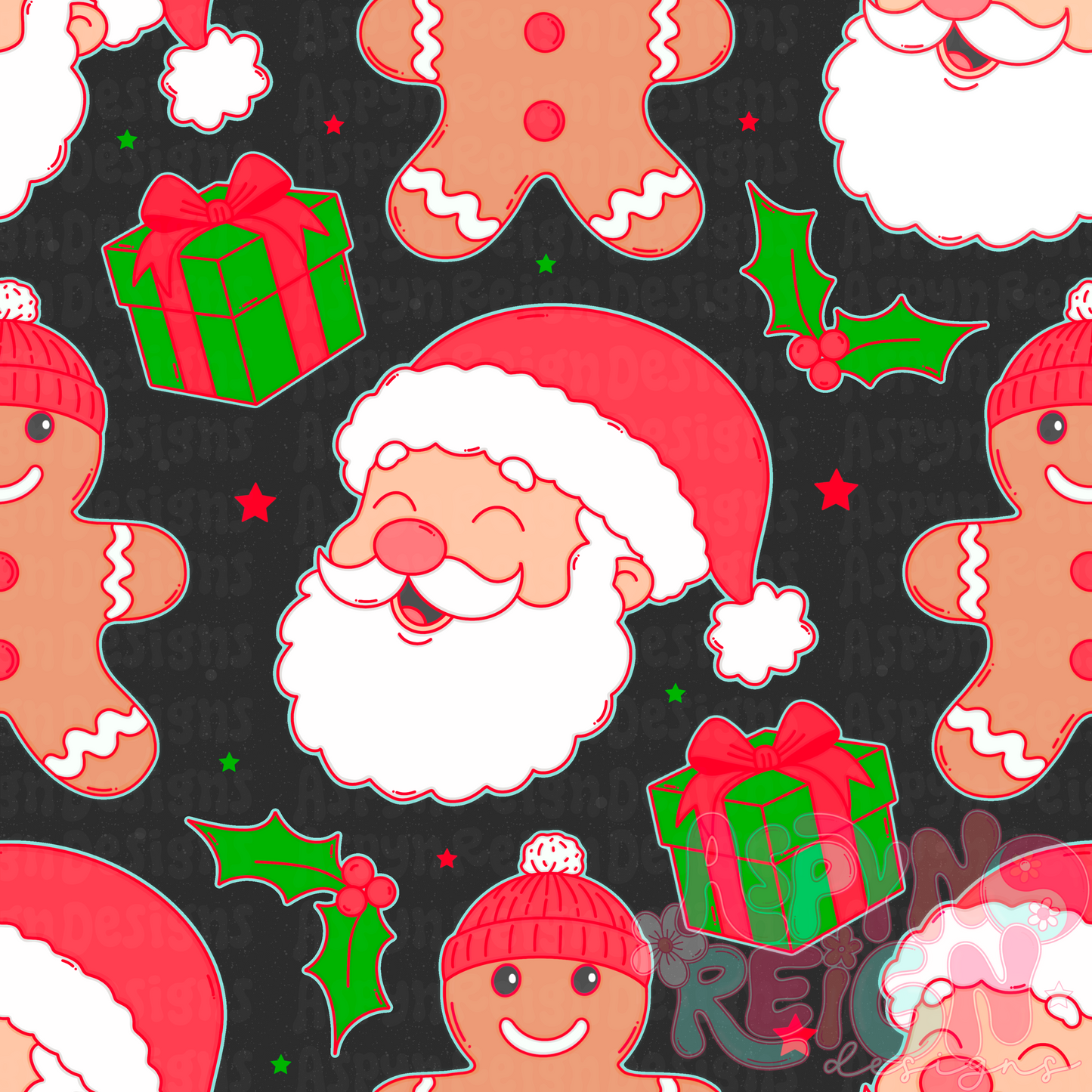 Santa & Gingerbreads | Black Background
