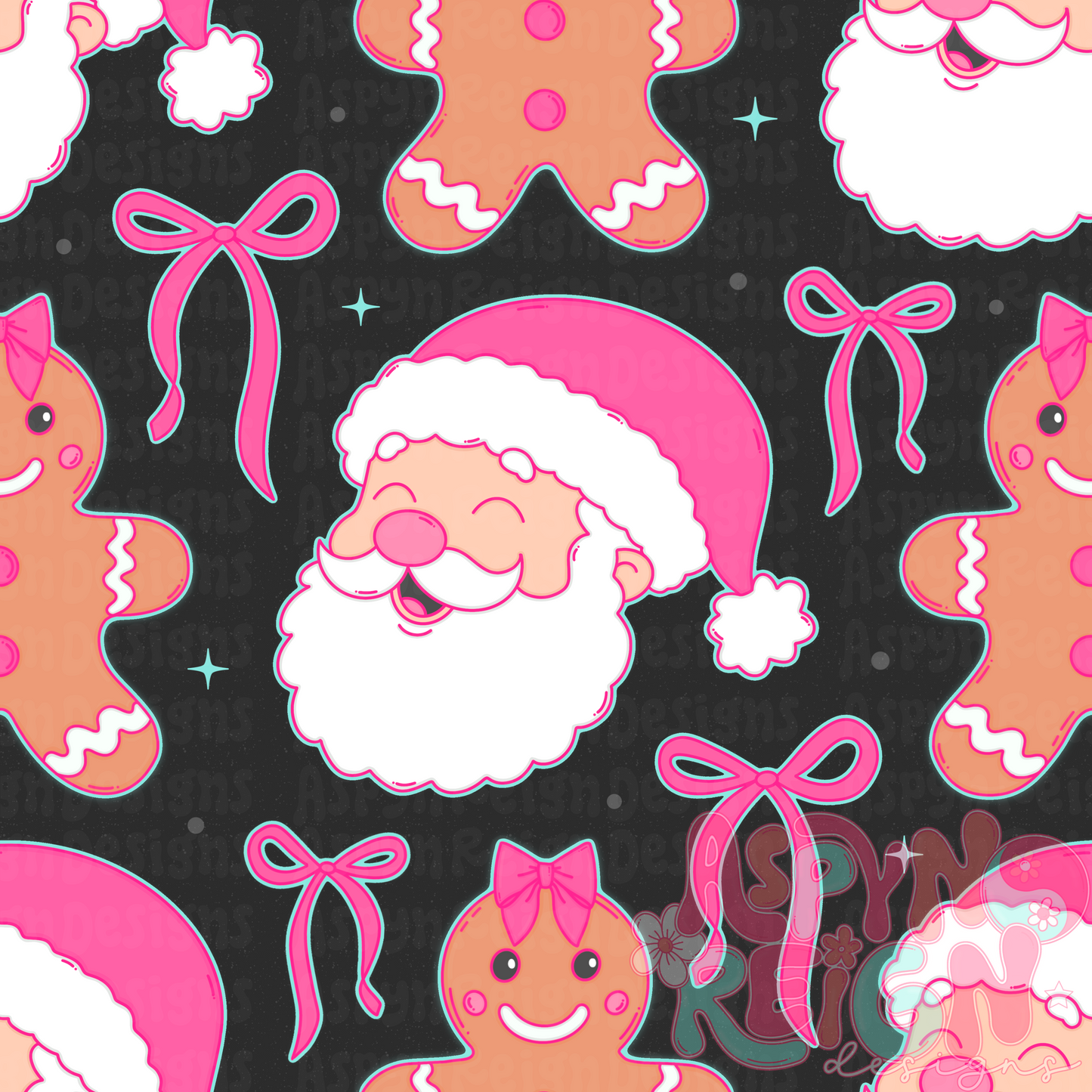 Coquette Santa & Gingerbreads | Black Background